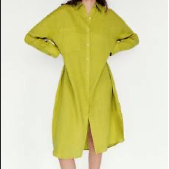 Zara oversized shirt linen dress in lime green colour - Picture 3 of 11
